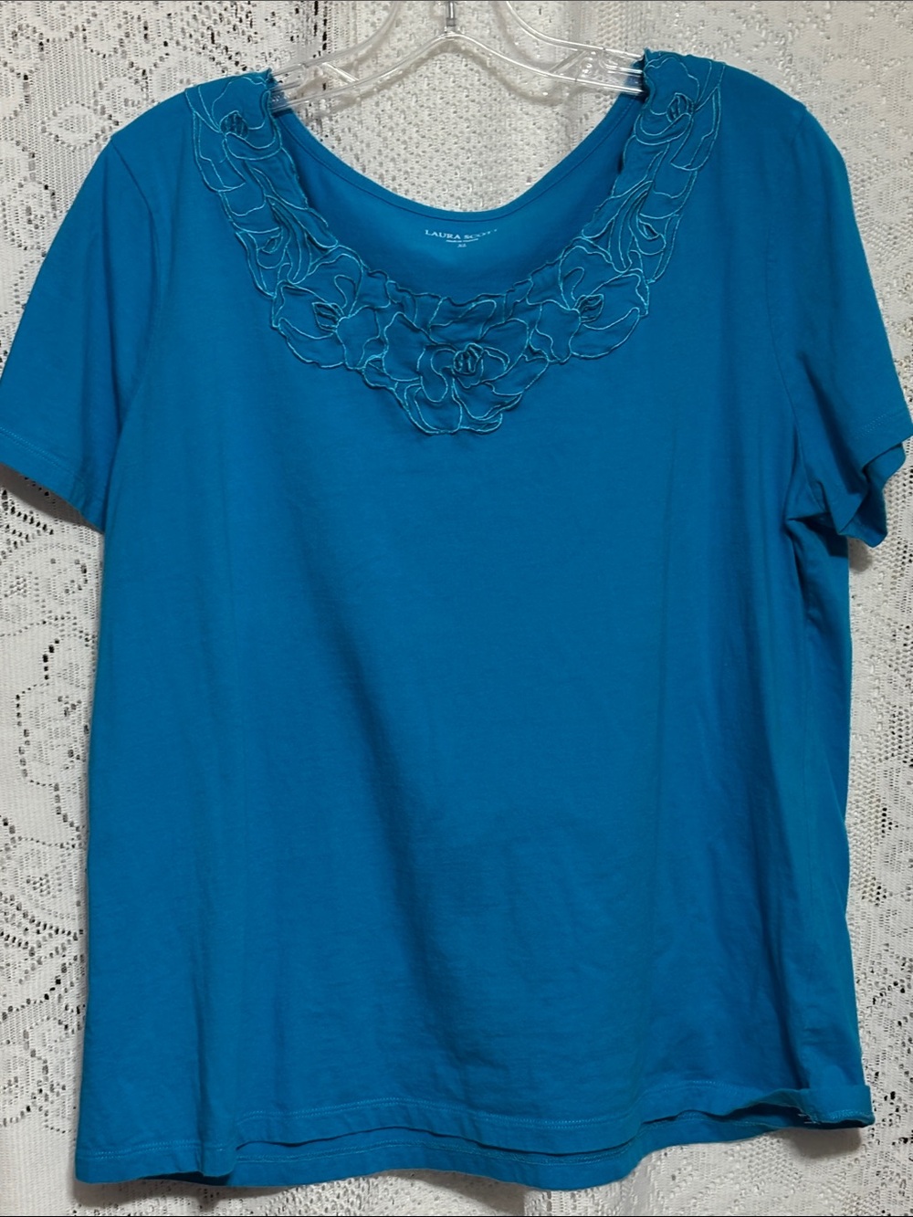 Laura Scott Turquoise Floral Appliqué Short Sleeve Tee size XL